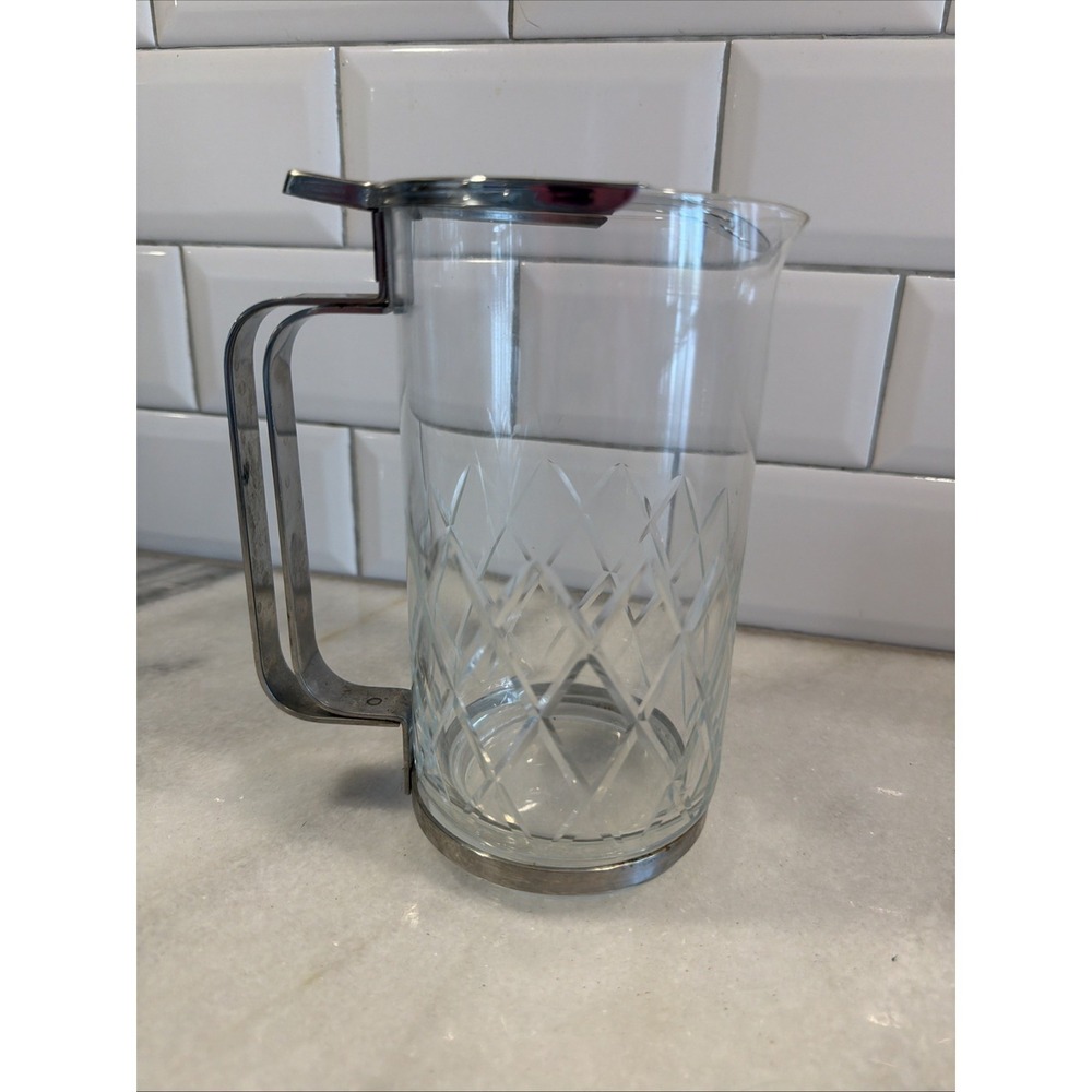Mid-century Retro Glass Pitcher Diamond Etched Glass & Chrome Top‎ Barware